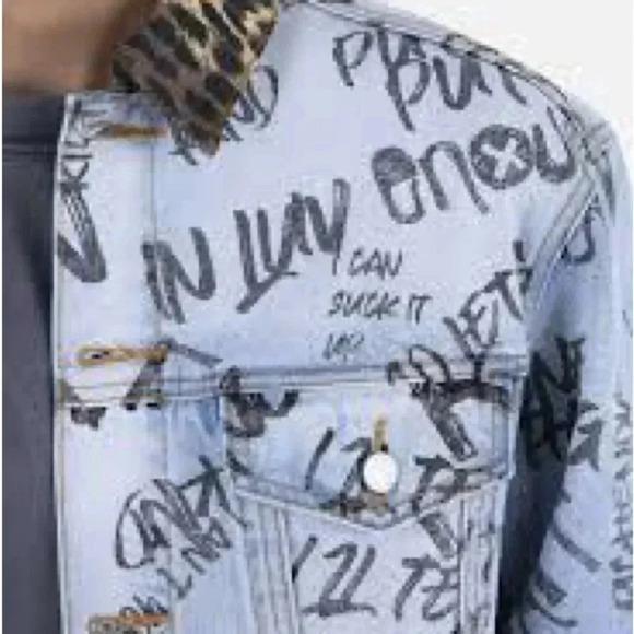 NWT MNML  Blue Scribble Trucker Graffiti Jacket Men's Jacket - Picture 4 of 12
